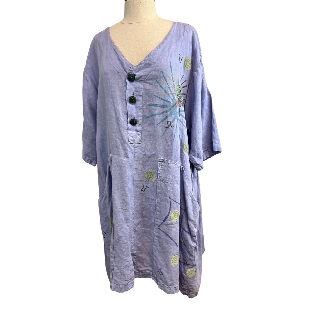 Barclay Linen Dress Womens OS Blue Excellent Hand Painted Art Boho Oversized‎